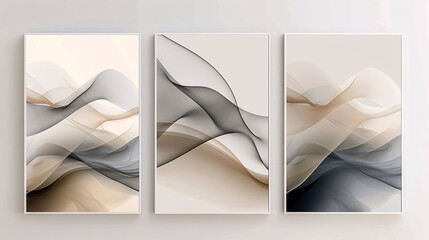 Poster - Three elegant abstract art posters with minimalistic designs, mounted together on a white wall. The artwork features subtle gradients and flowing lines in shades of gray and beige, promoting a