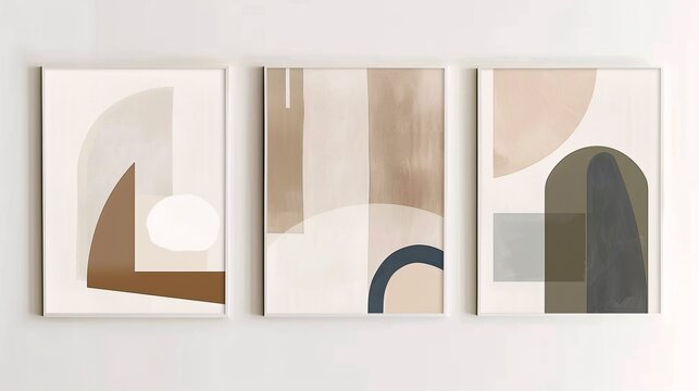 A set of three modern abstract art posters with minimalistic designs, displayed side by side against a clean white wall. Each poster features simple geometric shapes and a muted color palette of