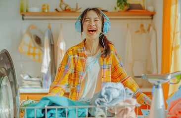 a woman wearing headphones and dancing while ironing in the living room, surrounded by an open basket with clean laundry on top of it