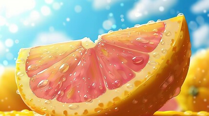 Wall Mural -   A grapefruit slice sits atop a mound of lemons, adorned with droplets of water