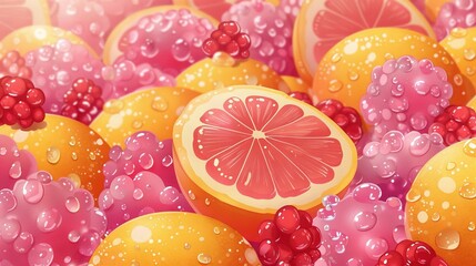 Wall Mural -   A painting depicts a grapefruit amidst several grapefruits and lemons, with droplets of water adorning them