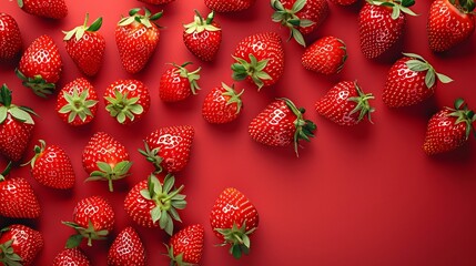 a summery flat lay featuring strawberries on a vibrant red background, celebrating the joys of summer and delicious, sweet treats