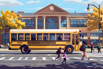 Wall Mural - People walking across the road in front of a stopped school bus with children, A school bus dropping off children in front of a bustling school building