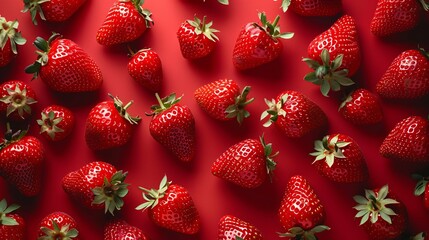 a cheerful flat lay arrangement filled with strawberries on a bright red background, representing the abundance of summer and the freshness of sweet fruits