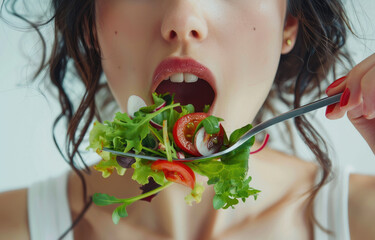 oung woman eating salad with fork, close up of mouth and food on white background.