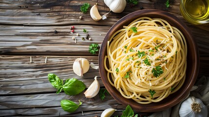 Spaghetti aglio e olio with garlic on wooden table