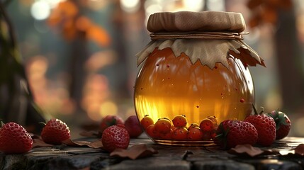 Wall Mural -   A jar of honey sits atop a wooden table, surrounded by fresh strawberries and a lush leafy tree