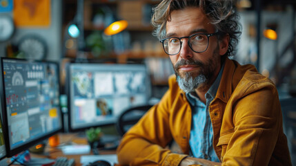 A male architect sitting in a bright, modern office, intently checking a construction plan on computer.