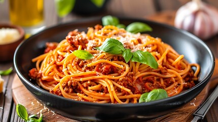 Sticker - Spaghetti bolognese in black serving platter with fresh basil