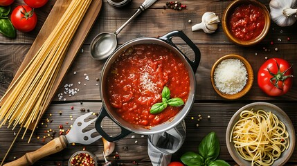 Spaghetti sauce in the pot on the wooden table