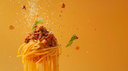Wall Mural - Spaghetti with bolognese sauce isolated on orange background