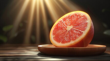 Wall Mural -   A halved grapefruit on a wooden plate on a wooden table with a bright light illuminating the scene from behind