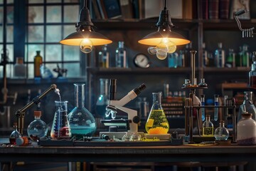 Poster - A table in a science lab is covered with numerous bottles filled with various liquids, A science lab with bubbling beakers and microscopes