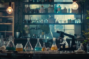 Poster - A scientific laboratory filled with numerous flasks containing different colored liquids, alongside a microscope on a table, A science lab with bubbling beakers and microscopes