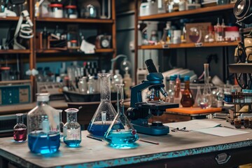 Poster - A table in a science lab is filled with multiple bottles containing different liquids, A science lab with bubbling beakers and microscopes