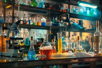 Poster - Lab filled with assorted colored liquids in beakers and flasks, showcasing a variety of scientific experiments, A science lab with bubbling beakers and microscopes