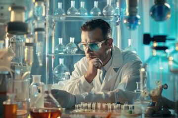 Poster - A man in white lab coat and glasses working with various equipment and test tubes in a laboratory setting, A scientist surrounded by test tubes and equipment