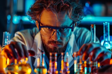 Poster - A man in glasses is conducting experiments in a laboratory filled with test tubes and equipment, A scientist surrounded by test tubes and equipment