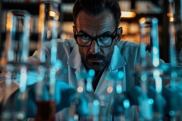 Poster - A man in a lab coat and glasses closely examines test tubes and equipment in a laboratory setting, A scientist surrounded by test tubes and equipment
