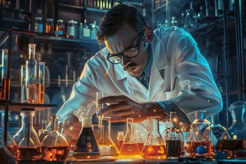 Poster - A man in a lab coat working with various flasks and equipment in a laboratory setting, A scientist surrounded by test tubes and equipment