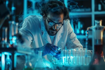 Poster - A man in a lab coat is experimenting with equipment and test tubes, A scientist surrounded by test tubes and equipment
