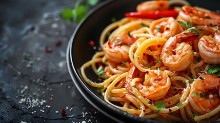 Sticker - Spaghetti with shrimps and chilli powder with garlic sauce spicy garlic prawn pasta in black plate