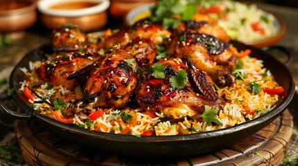 Sticker - specialties namely kebuli or biryani rice and grilled chicken stored on a large plate