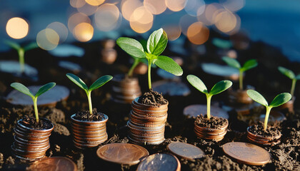 A seedling is growing on a coin lying on the ground. Green investment concept ,Rising money to invest. financial growth concept