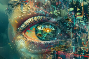 Poster - a detailed view of a persons eye with a modern city skyline in the background, a seamless integratio