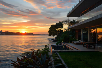 Wall Mural - A chic waterfront home with sleek lines, bathed in the vibrant light of a Brazilian sunset