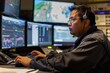 © Iftikhar alam - A man sitting in front of various computer monitors, working as a security operations center analyst, A security operations center analyst monitoring for security incidents