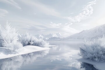 Canvas Print - A lake surrounded by snow-covered trees and mountains under a white sky, A serene, almost celestial white landscape dotted with delicate white accents