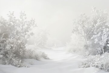 Canvas Print - A snow-covered path surrounded by trees and bushes in a winter landscape, A serene, almost celestial white landscape dotted with delicate white accents