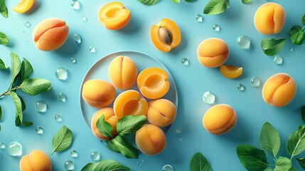 Wall Mural - a colorful flat lay scene with juicy apricots, symbolizing the abundance of summer and the freshness of seasonal produce.