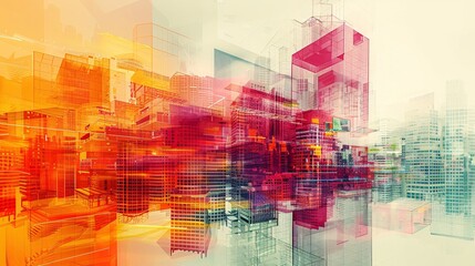 Wall Mural - a captivating color illustration depicting the synergy between digital building construction engineering and abstract graphic design in a double exposure concept