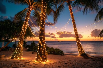 Wall Mural - A couple of palm trees standing on a sandy beach at sunset, A serene beach at sunset, with palm trees decorated with twinkling holiday lights