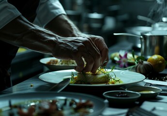 Sticker - Gardener plating food in restaurant, man hands closeup with dish of delicious meal on table in dark kitchen, chef preparing fine dining for guests, French cuisine concept. 