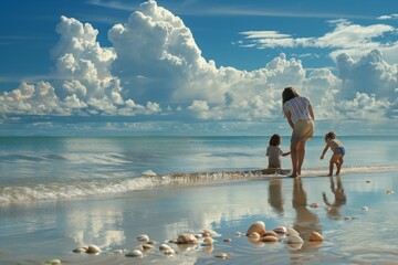 Canvas Print - Mother and two kids enjoying a fun day playing on the sandy beach near the ocean, A serene beach scene with a mother and child collecting seashells