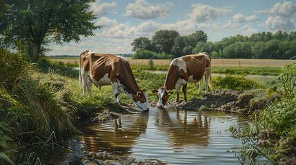 Canvas Print - Three dairy cows drinking water on the bank of a creek head down a rustic country scene a ditch in a green field