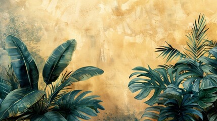 watercolor painting of tropical palm leaves, copy space banner, vintage background