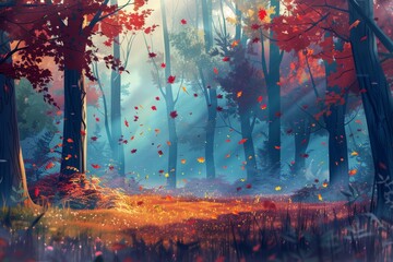 Wall Mural - A painting of a forest brimming with numerous trees and vibrant foliage, showcasing the beauty of nature, A serene forest with colorful leaves falling gently to the ground