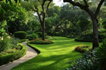 Wall Mural - Lush green garden with numerous trees creating a dense canopy and winding paths, A serene garden with winding paths and lush greenery