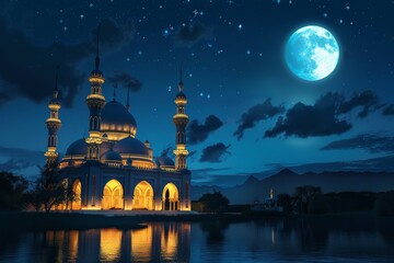 A mosque under the light of a full moon during the night, A serene image of a mosque illuminated by the light of the moon during Ramadan