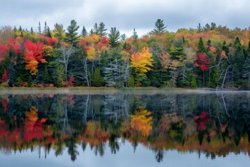 Poster - A body of water reflecting autumn colors, encircled by trees with changing foliage, A serene lake reflecting autumn hues