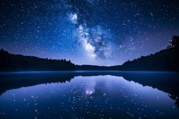 a night sky filled with stars shining above a reflective lake, a serene lake reflecting the starry n