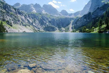 Sticker - A large body of water is nestled amidst towering mountains in a breathtaking landscape, A serene lake surrounded by towering mountains in the background