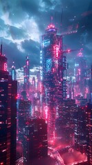 Poster - futuristic neon holographic city skyline with high tech buildings and digital cyber landscape