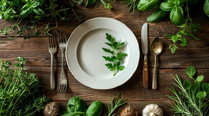 a minimalist food prep with a white plate, fork, and spoon on a wooden table, surrounded by lush greens and herbs, designed with ample text space