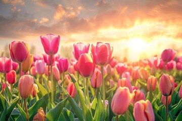 Sticker - Pink tulips fill a field under a cloudy sky, A serene landscape of a sunrise over a field of blooming tulips on Easter morning