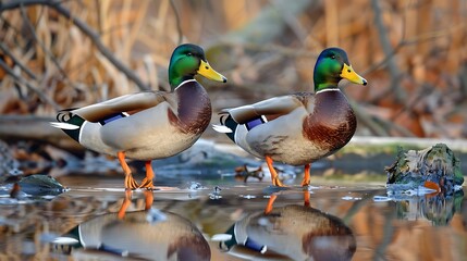 Wall Mural - Wild ducks walking around the water